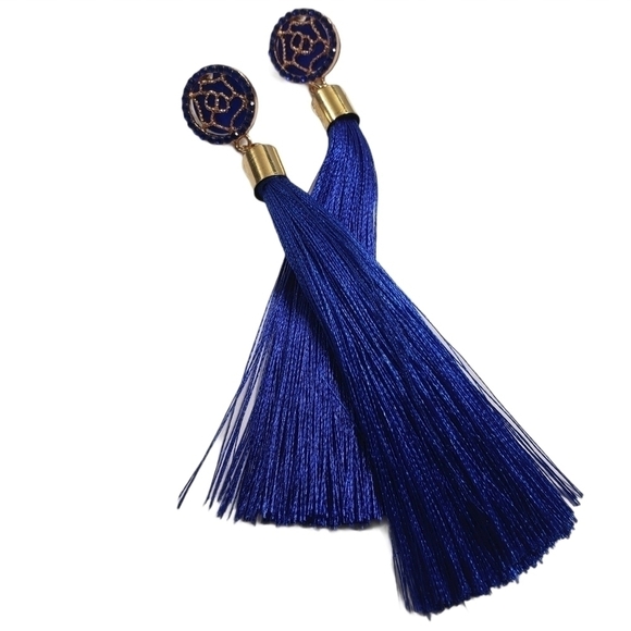 Fashion Jewelry Blue Gold Dangle Tassel Earrings - Picture 2 of 7